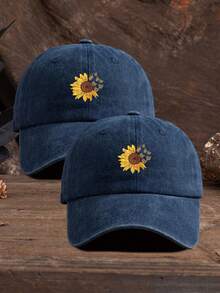 1pc Unisex Outdoor Casual Sunflower Print Adjustable Baseball Cap - Navy Blue - View 7