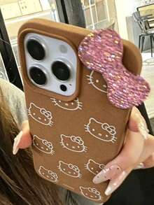 Sanrio 卡通蝴蝶結 Hello Kitty 蘋果 16 Pro Max 手機殼，粉色女孩保護殼，相容 iPhone 17/15 Pro Max/14/13/12，全包覆 - 棕色 - 查看 2