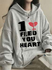 Women's Hooded Sweatshirt, New Autumn/Winter Digital Heart Pattern & Letter Print, Drawstring Design, With Pockets, Casual Versatile Loose Fit Top, Fashionable Daily Wear - Dark Gray - View 6