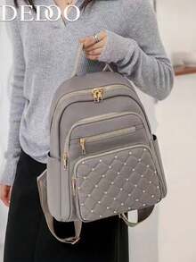 Dedoo Women's Casual Backpack, Solid Color Quilted Diamond Pattern With Rivet Detail, Multiple Pockets, Gold Zipper, Top Handle, Large Capacity, Student School Bag, Suitable For College Campus - Khaki - View 3