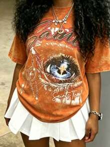 Cotton Clothes Y2K-Inspired Letter Print T-Shirt,Casual Crew Neck Short Sleeve, Perfect For Spring Summer Fall, Fashion Streetwear Unisex, Graphic Tee - 橙色1 - 查看 2