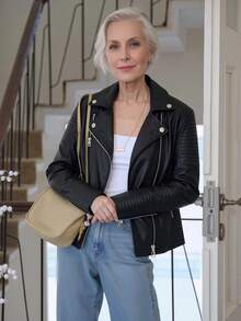 Giolshon Women's Street Style Faux Leather Short Motorcycle Jacket - Asymmetric Zipper, Stand Collar, Suitable For Winter Fashion Outfits Black Fall - Black - View 2