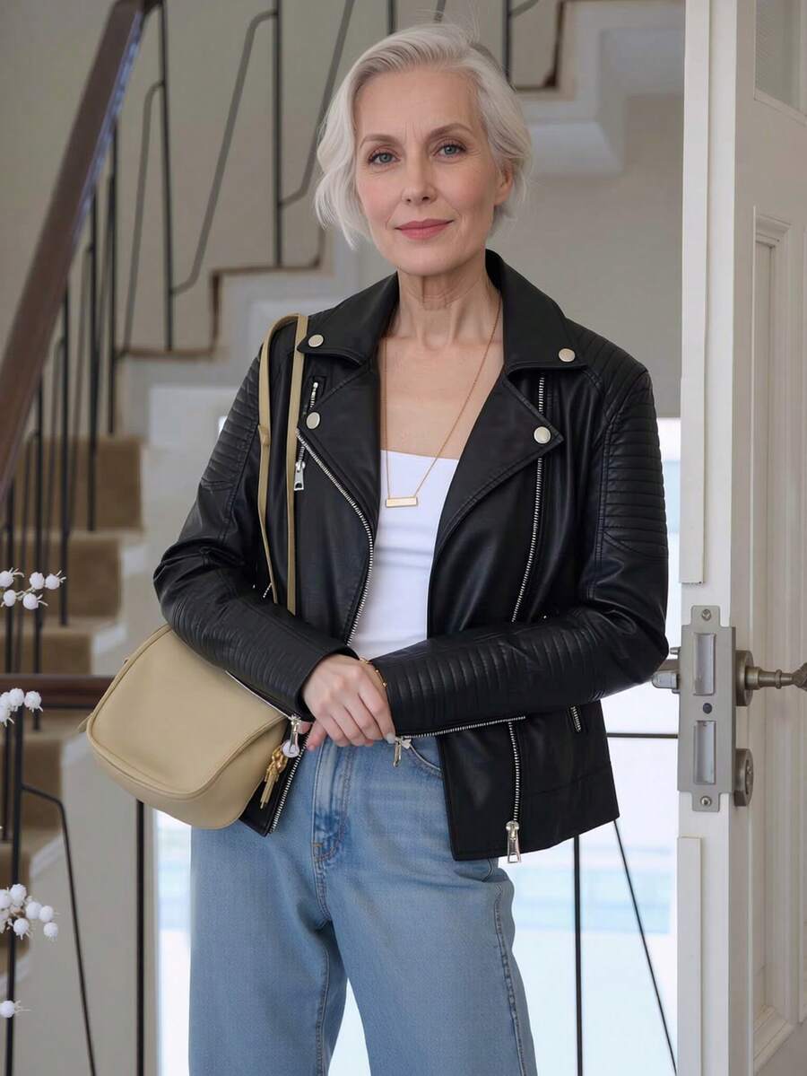 Giolshon Women's Street Style Faux Leather Short Motorcycle Jacket - Asymmetric Zipper, Stand Collar, Suitable For Winter Fashion Outfits Black Fall