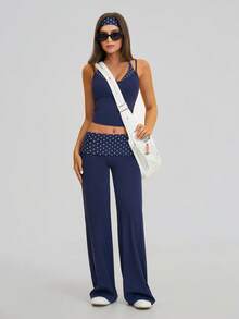 MASKERT Ladies' contrasting color back vest sports pants set yoga training running set tennis golf Pilates - 藍白色 - 查看 7