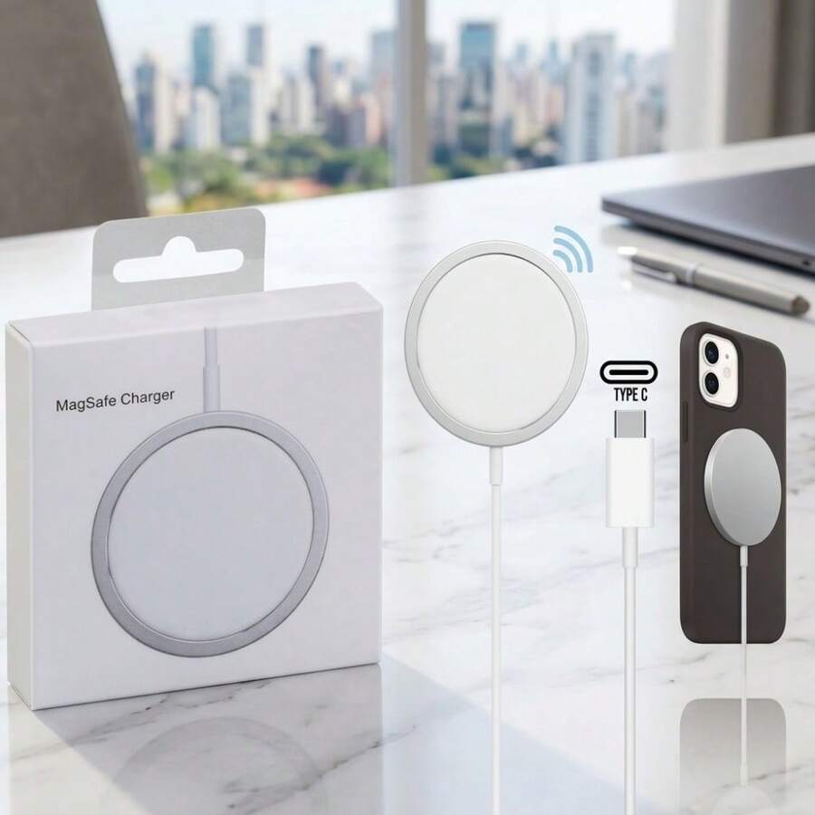Carregador Magnético de Indução Rápido 15W Conector Tipo C Ultra Fino para Celulares - Branco - Visão 1