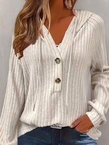 Women's Ribbed Knit Hooded Long Sleeve Top, Fashionable Autumn/Winter Casual Button-Up Shirt, Slightly Elastic Fabric - Apricot - View 1