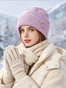 Double Star Knitted Beanie Hat With Pearl Decor, Blogger Style Oversized Head-Wrapping Bow Knit Cap For Women, Korean Style Versatile Face-Framing Pullover Hat - A - View 3
