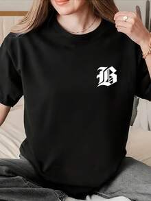 Camiseta de mujer de color liso con cuello redondo, manga corta, estilo casual y suave, ideal para uso diario. - Blanco y Negro - Ver 1