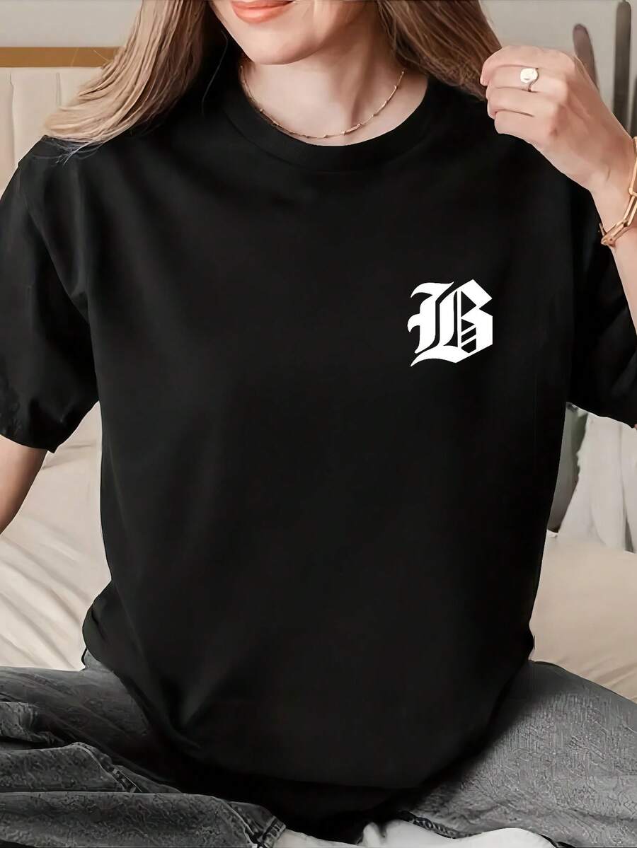 Camiseta de mujer de color liso con cuello redondo, manga corta, estilo casual y suave, ideal para uso diario. - Blanco y Negro - Ver 1