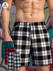 3pcs/Pack Men's Casual Plaid Pattern Lounge Pants With Side Pockets, Elastic Comfortable Drawstring Shorts, Wearable As Beach Pants And Sports Pants - Multicolor - View 10