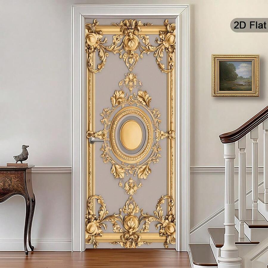 1/2pcs Fashionable 2D Flat Door Wall Decals, Featuring Exquisite Design. These Self-Adhesive And Removable Wall Murals Have Gold Edges. They Embody A Classic Style, Perfect For Modern Door Decor, And Showcase Vibrant Images - A - View 1