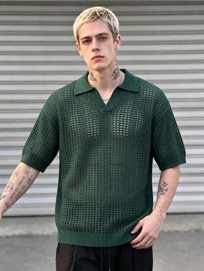 BLACKTOEXIT Camisa polo de manga corta para hombre, cuello polo, tejido de malla calada, corte holgado, hombros caídos, estilo vintage americano, color verde oscuro sólido, top polo perforado,