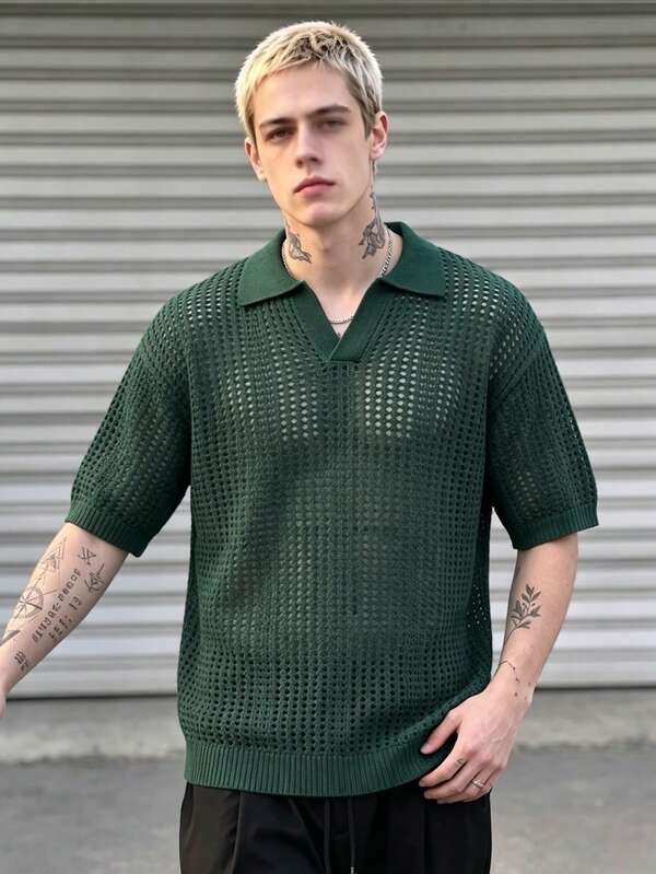 BLACKTOEXIT Men's Short Sleeve Polo Shirt, Polo Collar, Hollow Mesh Knit Fabric, Loose Fit, Dropped Shoulder, American Vintage Style, Spring/Summer Outerwear