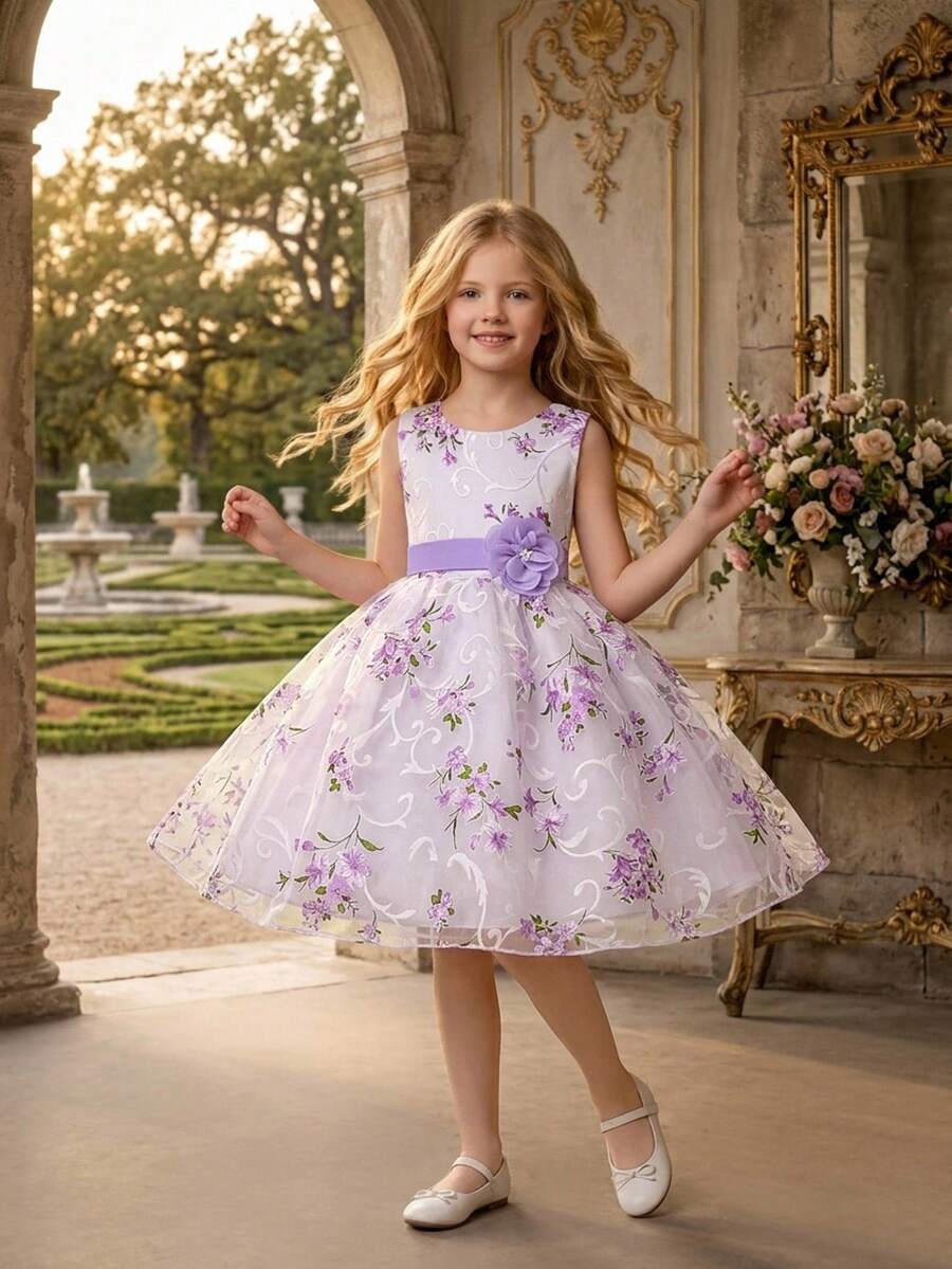 Young Girls Floral Pattern Organza Puff Dress Elegant Formal Gown, Headband Not Included - Mauve Purple - View 1