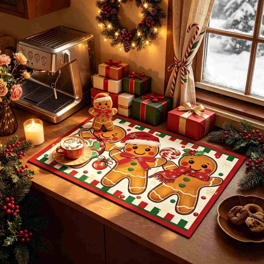 1pc Christmas Series 3 Gingerbread Man Pattern Coffee Bar Mat, Diatom Mud Soft Bottom Drainage Mat, Soft Rubber Absorbent Wear-Resistant Dish Drying Mat, For Countertop Restaurant Kitchen Table, Patio Dining Table Decor, Home Kitchen Supplies, Countertop Decorative Mat