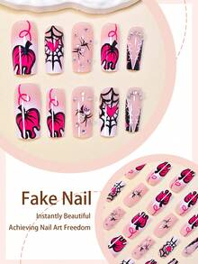24pcs Halloween Press-On Fake Nails, Long Rectangular Full Coverage, Cute Pink Pumpkin, Shiny Rhinestone, Spider Web Design, Suitable For Halloween And Day Of The Dead, Includes Jelly Glue And Mini Nail File, Jelly Glue Randomly Shipped - Multicolor - View 3