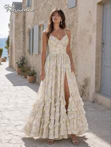 Yellow Floral Chiffon V-Neck Backless Tiered A-Line Maxi Dress - 黃色 - 查看 2