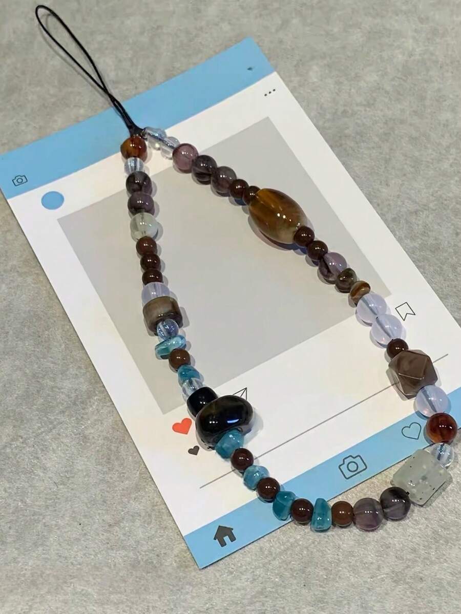 Ins Style Asymmetrical Beaded Phone Chain Pendant, Phone Wrist Strap, CCD Camera Chain - Blue - View 1
