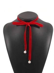 1 pieza Collar de mujer con lazo de terciopelo vintage, gargantilla de perlas elegante y minimalista de moda, cadena ajustable para la clavícula - Multicolor - Ver 6