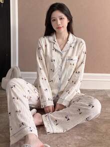 2pcs/Set Women's Cartoon Textured Lapel Loungewear, Autumn/Winter Button-Up Long Sleeve Long Pants Pajama Set, Suitable For Outdoor Wear, All Seasons - Apricot - View 3