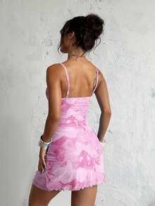 Women's Summer Dress, Pink Sexy Mesh Print Spaghetti Strap Dress, Suitable For Date, Party, Gathering, Vacation - Hot Pink - View 4