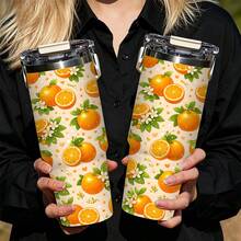 1/5 pezzi Bicchiere termico isolato sottovuoto da 30 once con scatola regalo, stampa di fiori e foglie di arancia crema arancione brillante, manico pieghevole portatile, coperchio a doppio ribaltamento antiscivolo, tazza a doppia parete per spiaggia e campeggio, regalo estivo vivace e fresco con frutta - Arancia - Visualizzare 6