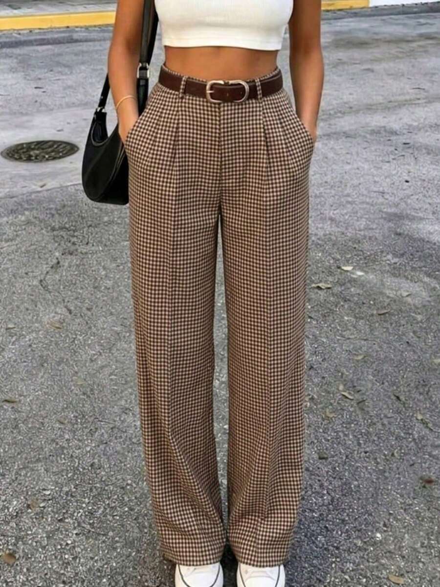 Women's Autumn Vintage Plaid High Waist Straight Leg Trousers, Loose Straight Leg Draped Casual Pants, Back To School Outfit, High Waist Draped Slimming Versatile Street Style Casual Trousers, Suitable For Daily Casual Commute Wear