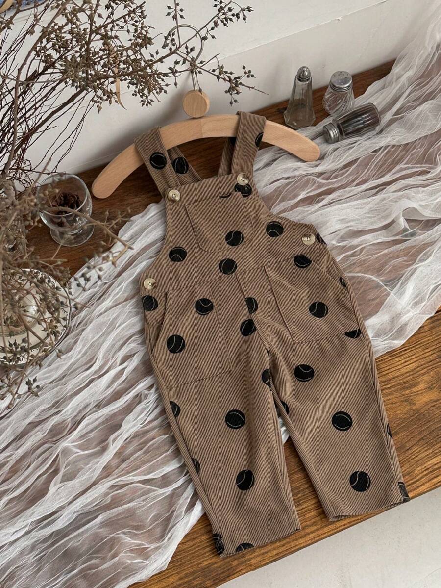 INS Baby Girls Vintage Brown Tennis Polka Dot Overalls, Loose Adjustable Shoulder Straps, Spring/Autumn Long Pants