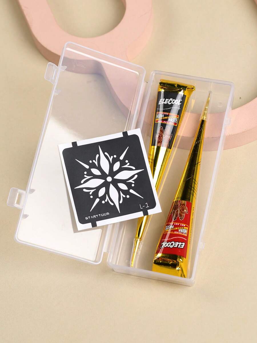 2件組（黑色+深紅色）海娜指甲藝術紋身膏附收納盒，半永久身體彩繪墨水，適用手腕與身體，長效顯色，植物基紋身墨水