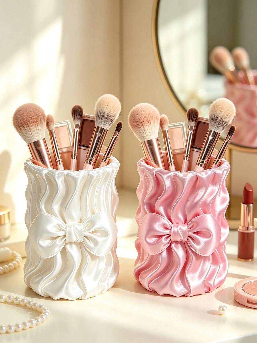Cute Bow Satin Makeup Brush Holder, Pleated Silky Cosmetic Storage Cup, Decorative Desktop Storage Container Suitable For Vanity, Girls Makeup Accessories - Multicolor - View 1