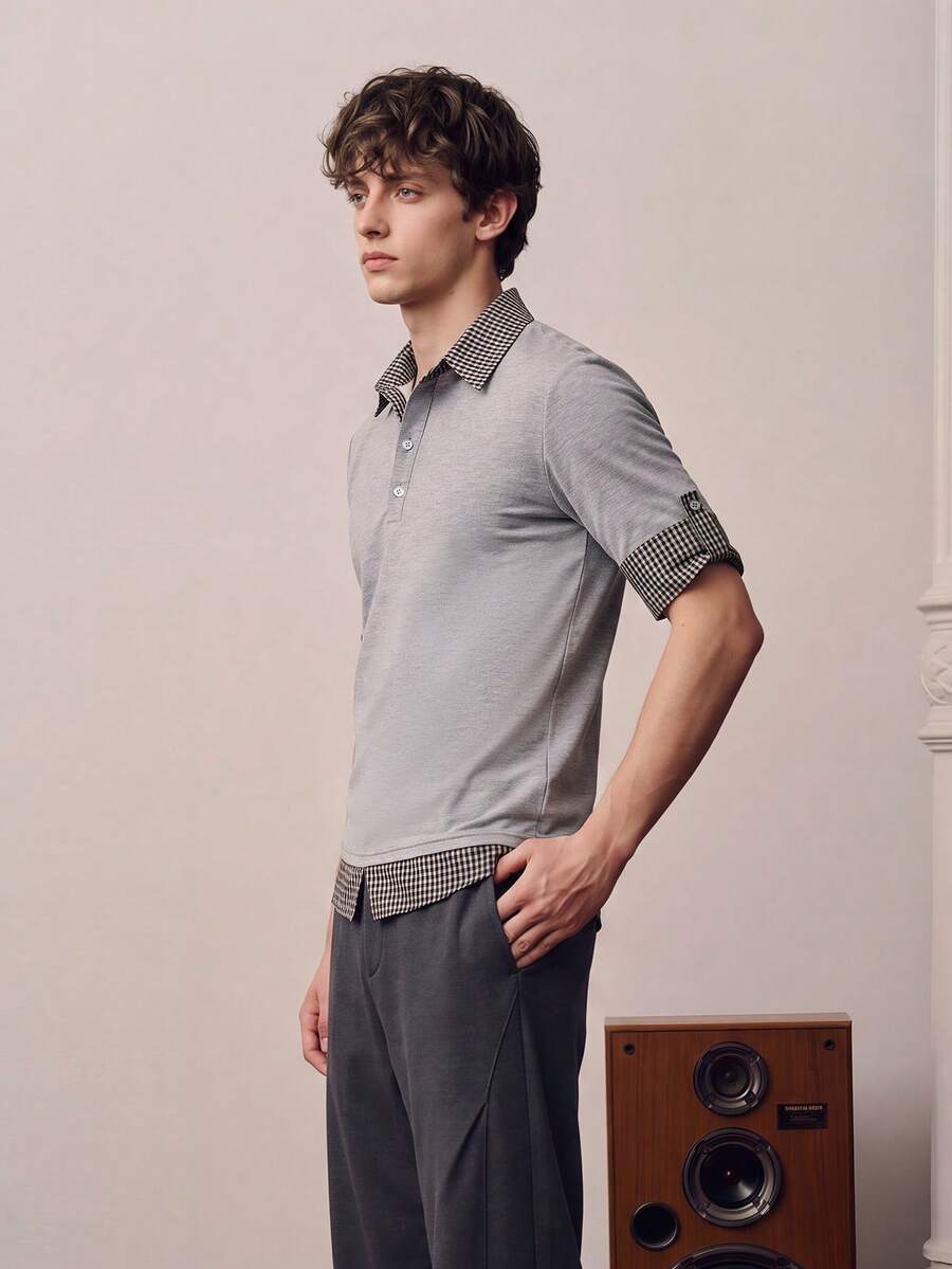 Men's Gray Contrast Trim Polo Shirt, 2 In 1 Short Sleeve Casual Knit Top - Grey - View 1