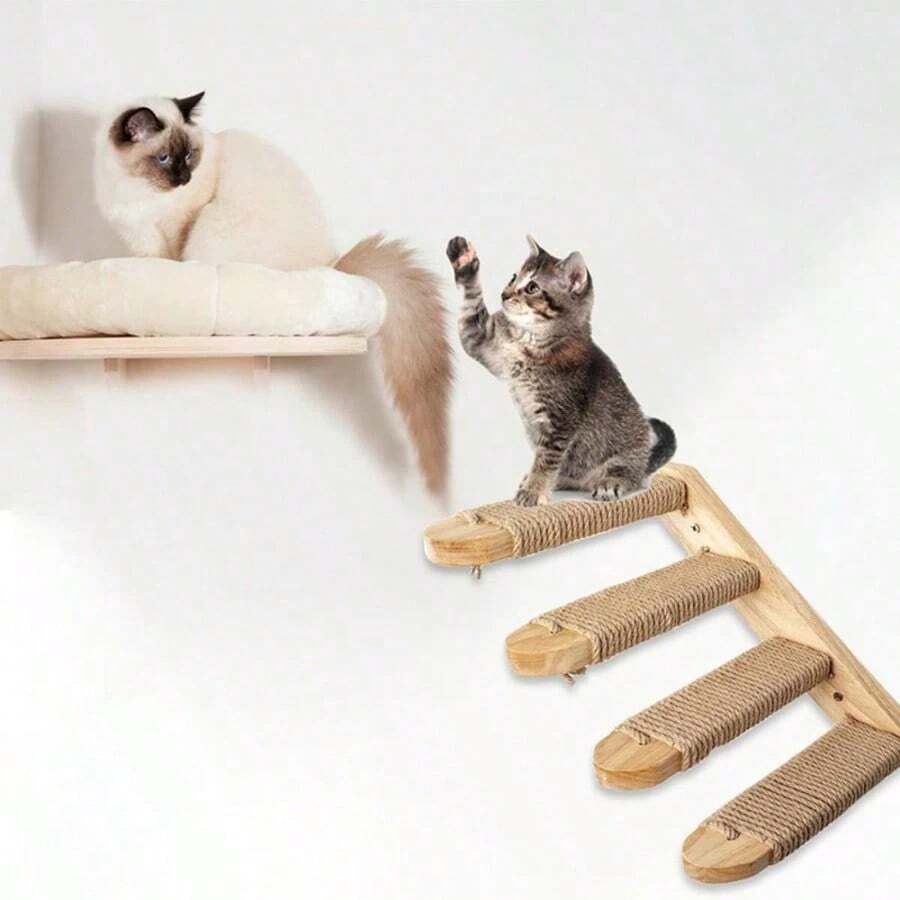 1pc Solid Wood Cat Climbing Ladder Jumping Platform Wall-Mounted Multi-Layer Sisal Rope Cat Tree DIY Wall-Hanging Cat Climbing Tower