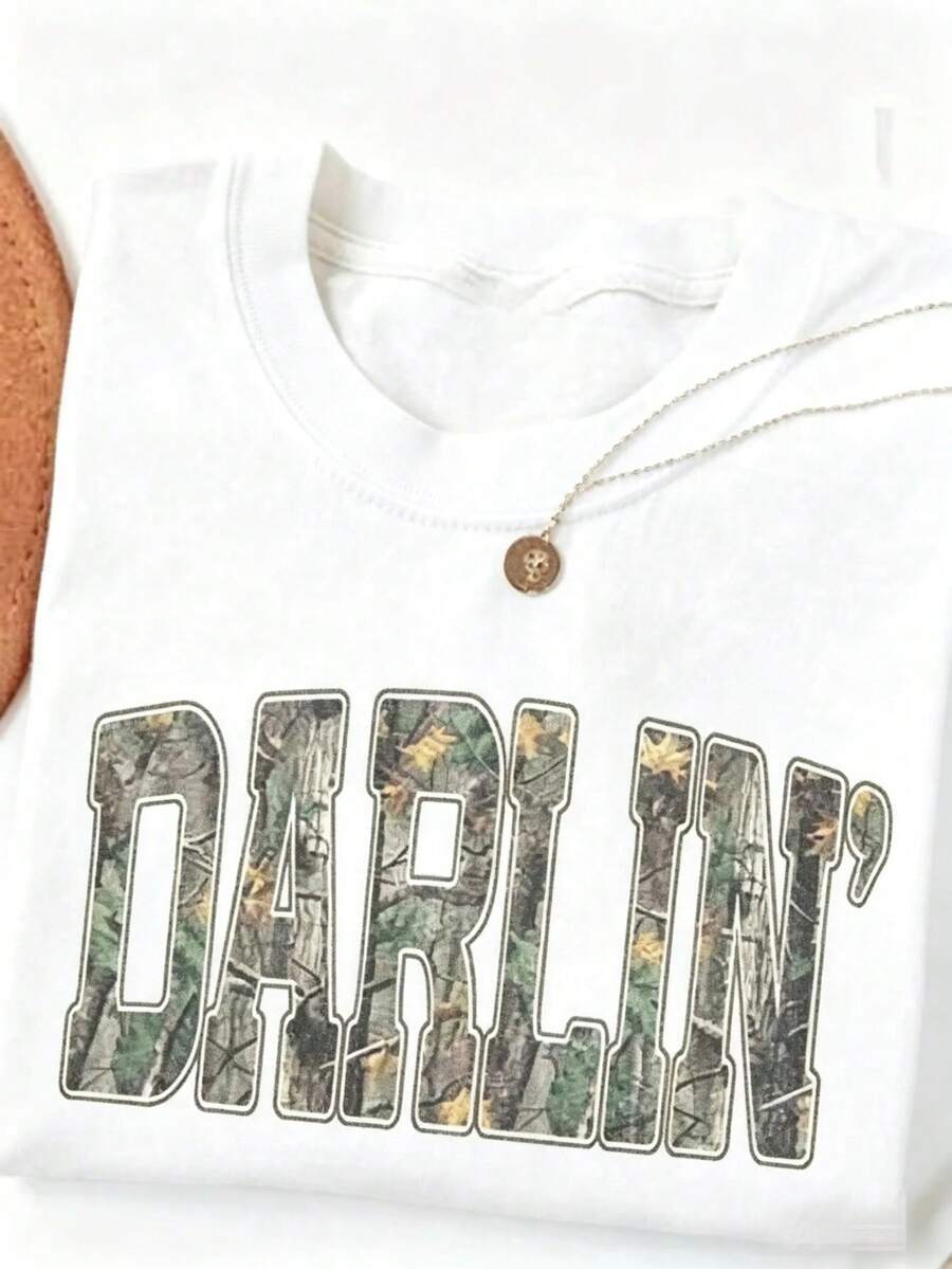 Darlin Retro Camo Country Distressed Cowboy Quote, Camouflage Shirt, Western Concert Shirt, Southern Tee Gift,Rodeo Outfits For Women - 白色 - 查看 1