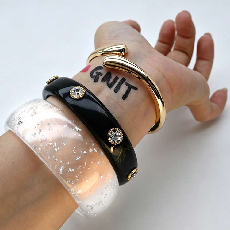 GNIT 女款樹脂金色調手鍊套組，3件/1件可疊戴手鐲，水鑽與銀箔不對稱開口式手環，個性化飾品 - 透塊.金.黑透鑽 - 查看 7