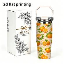 1/5 pezzi Bicchiere termico isolato sottovuoto da 30 once con scatola regalo, stampa di fiori e foglie di arancia crema arancione brillante, manico pieghevole portatile, coperchio a doppio ribaltamento antiscivolo, tazza a doppia parete per spiaggia e campeggio, regalo estivo vivace e fresco con frutta - Arancia - Visualizzare 7
