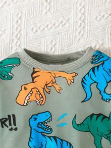 2pcs/Set Baby Boy Stylish Handsome Spring/Autumn Thin New Cartoon All-Over Print Dinosaur Long Sleeve Crew Neck Pullover Sweatshirt And Long Pants Set - Green - View 4