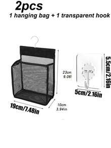 2pcs (1 Hanging Bag + 1 Transparent Hook) Lightweight Black Mesh Shower Storage Bag With Hook. Suitable For Bathroom, Gym, Dorm, Travel And Other Storage Solutions. Can Be Used As Shower Caddy, Wall-Mounted Storage, Hair Storage, Temporary Office Supplies Storage, Organizer Rack, Bedroom Storage, Bathroom Storage Rack, Key Storage Wall, Christmas, Storage, Packaging Bag, Bedroom Furniture And Women's Room Decor - Multicolor - View 3