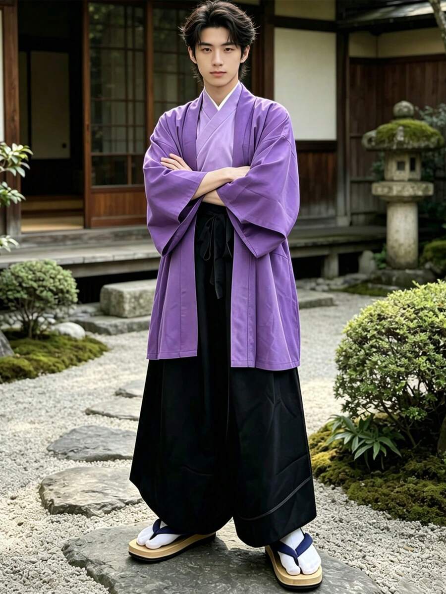 Japanese Style Haori Solid Color Minimalist Cardigan Kimono Cosplay Costume Summer Dopamine Thin Outerwear Daily Commute Mid-Length Layering Solid Color Vintage Top - Purple - View 1