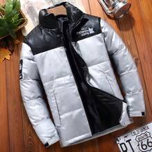 Men's Color Block Stand Collar Thickened Winter Puffer Jacket, Letter Embroidery Zip Up Windproof Thermal Down Alternative Outer Coat - Silver - View 4