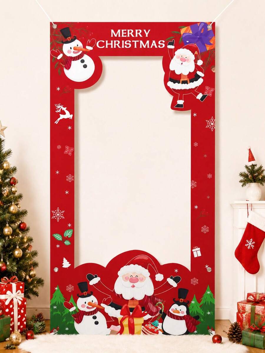 1件裝聖誕紅色懸掛式拍照框，聖誕老人與雪人圖案，Merry Christmas乙烯基拍照背景框，拍照亭背景布條，聖誕裝飾，聖誕裝飾，聖誕裝飾，派對背景裝飾，室內/室外節日派對裝飾，拍照道具，冬季居家裝飾
