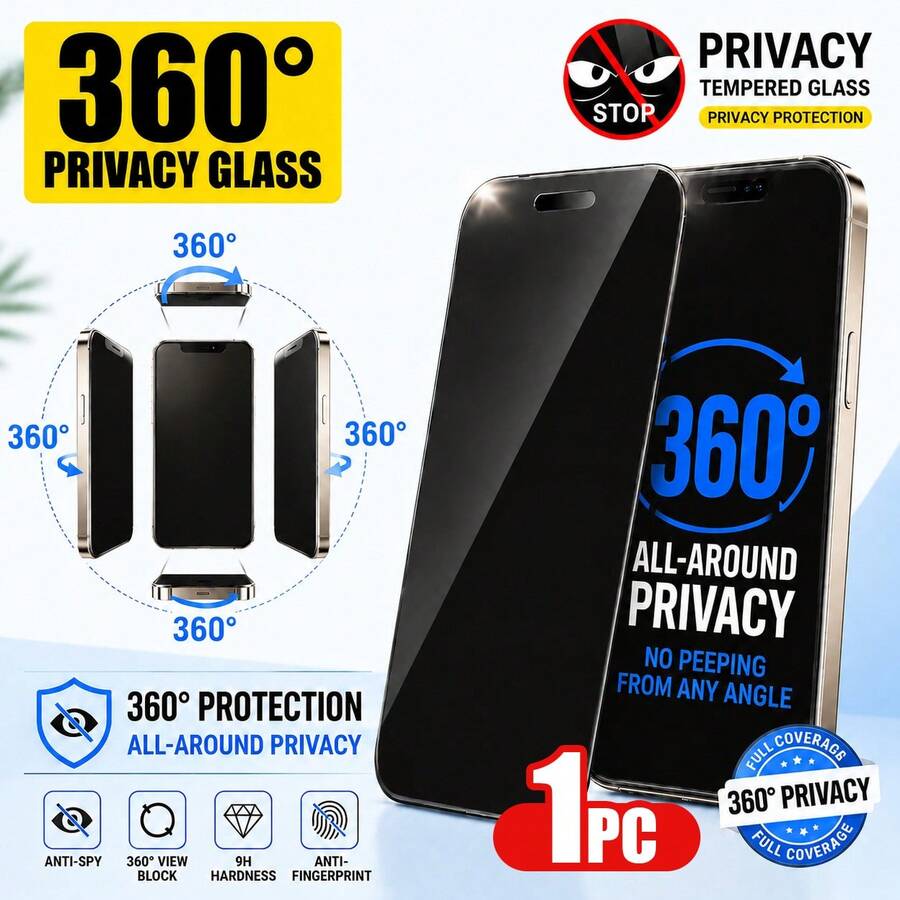 Yezodawee 4向360°隱私螢幕保護貼,適用於,相容 16 Pro 6.3",全螢幕防刮防窺鋼化玻璃膜,9H硬度,4方向360°全方位隱私保護,Face ID靈敏,相容 18 Pro Max 17 Pro Max/17 Pro/17 Air/17/16e 6.1" 15 Pro Max/14Plus/13Pro 12Mini Xs Pro Max - 黑色 - 查看 1