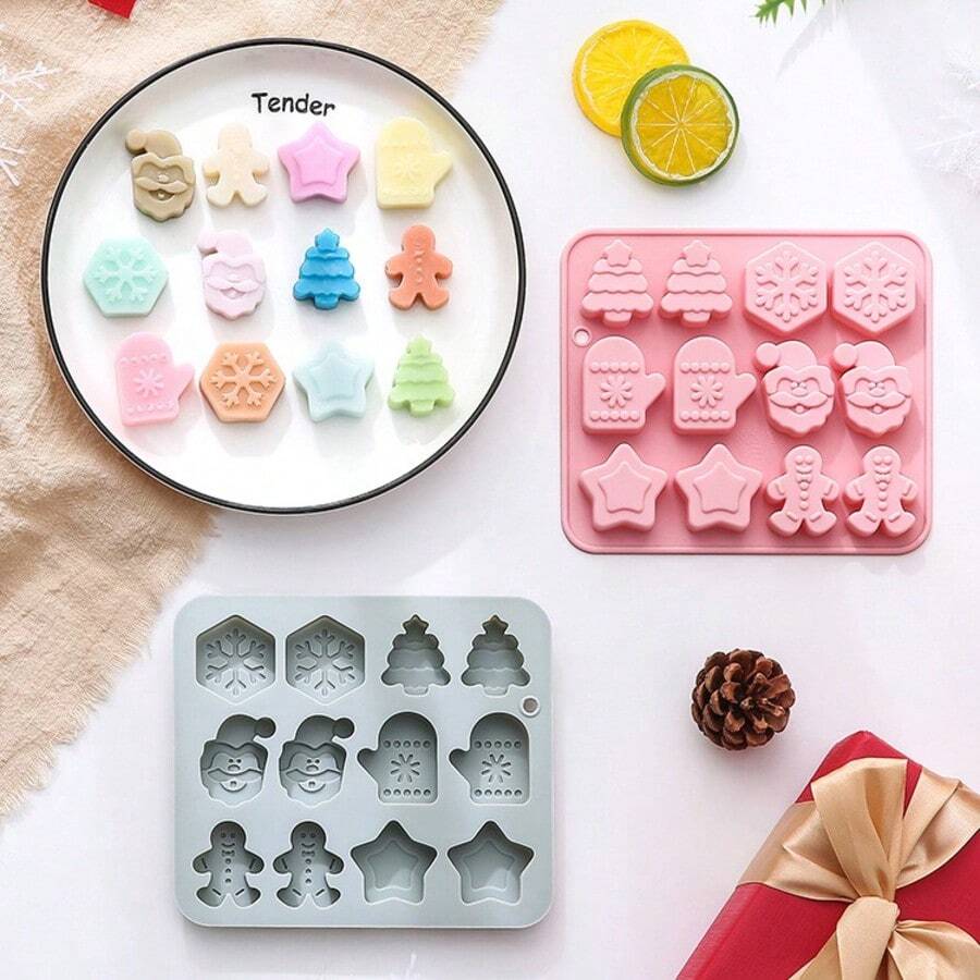 12-Cavity Christmas Silicone Baking Mold With 6 Assorted Designs Including Gingerbread Men & Stars, For Cakes & Chocolate Making - Multiple Styles - View 1