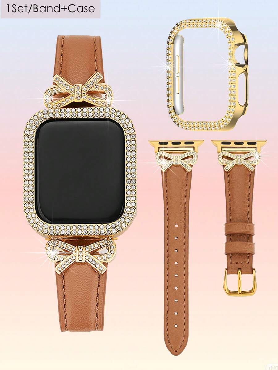 1pc Luxury Rose Gold Diamond Bow Watch Band + Double Row Rhinestone Hollow Watch Case Compatible With Apple Watch 38/40/41/42/44/45/46/49mm/Ultra/SE/11-1 Series, Suitable For Spring/Summer Wear, Back To School Gift, Fashion Women Accessory, Brown Band + Gold Case, Smart Watch Band Accessory Set - Brown - View 1