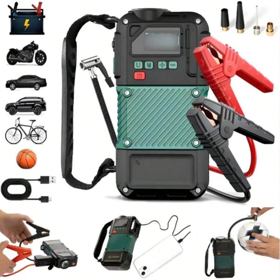 4-In-1 Portable 12V Car Battery Jump Starter And Charger - Black Green - View 1