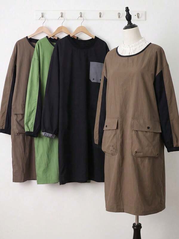 1 buah Gaun Celemek Kerja Panjang Longgar Motif Blok Warna, Jaket Smock Longgar Tahan Air dan Bernapas, Dengan Banyak Kantong Kancing, Cocok Untuk Penata Rambut, Salon, Tukang Cukur, Kedai Kopi, Toko Roti, Berkebun, Dan Pakaian Kerja Sehari-hari.
