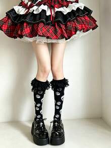 1/2 Pairs Punk Dark Lolita Skull Lace Trim Mid-Calf Socks Y2K Sweet Cool Hot Girl Slimming Slouch Socks Back To School - Multicolor - View 6