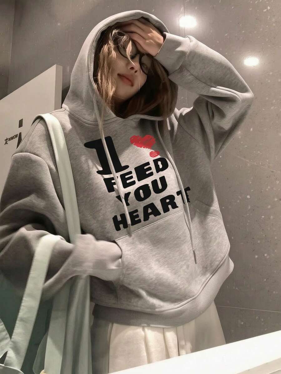 Women's Hooded Sweatshirt, New Autumn/Winter Digital Heart Pattern & Letter Print, Drawstring Design, With Pockets, Casual Versatile Loose Fit Top, Fashionable Daily Wear - Dark Gray - View 1