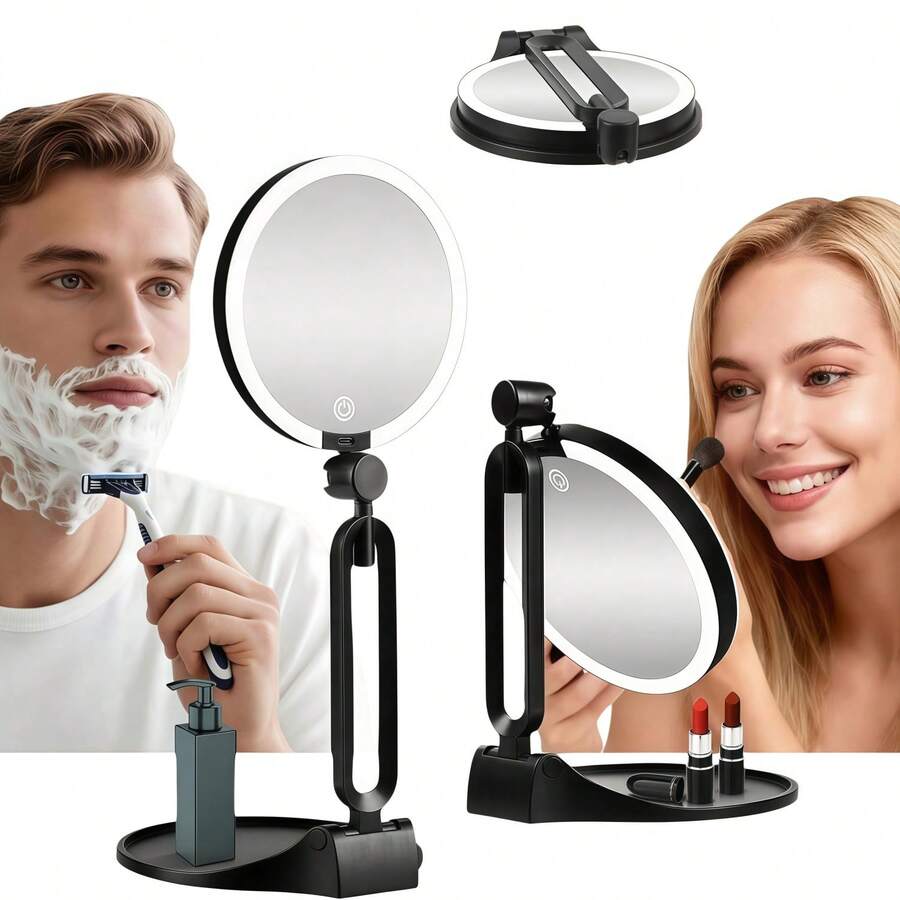 1pc LED Makeup Mirror, USB Rechargeable, 10x/1x Double-Sided Mirror, 3-Color Adjustable Light, Foldable, 360° Rotating Angle, Portable, Bathroom Makeup Mirror