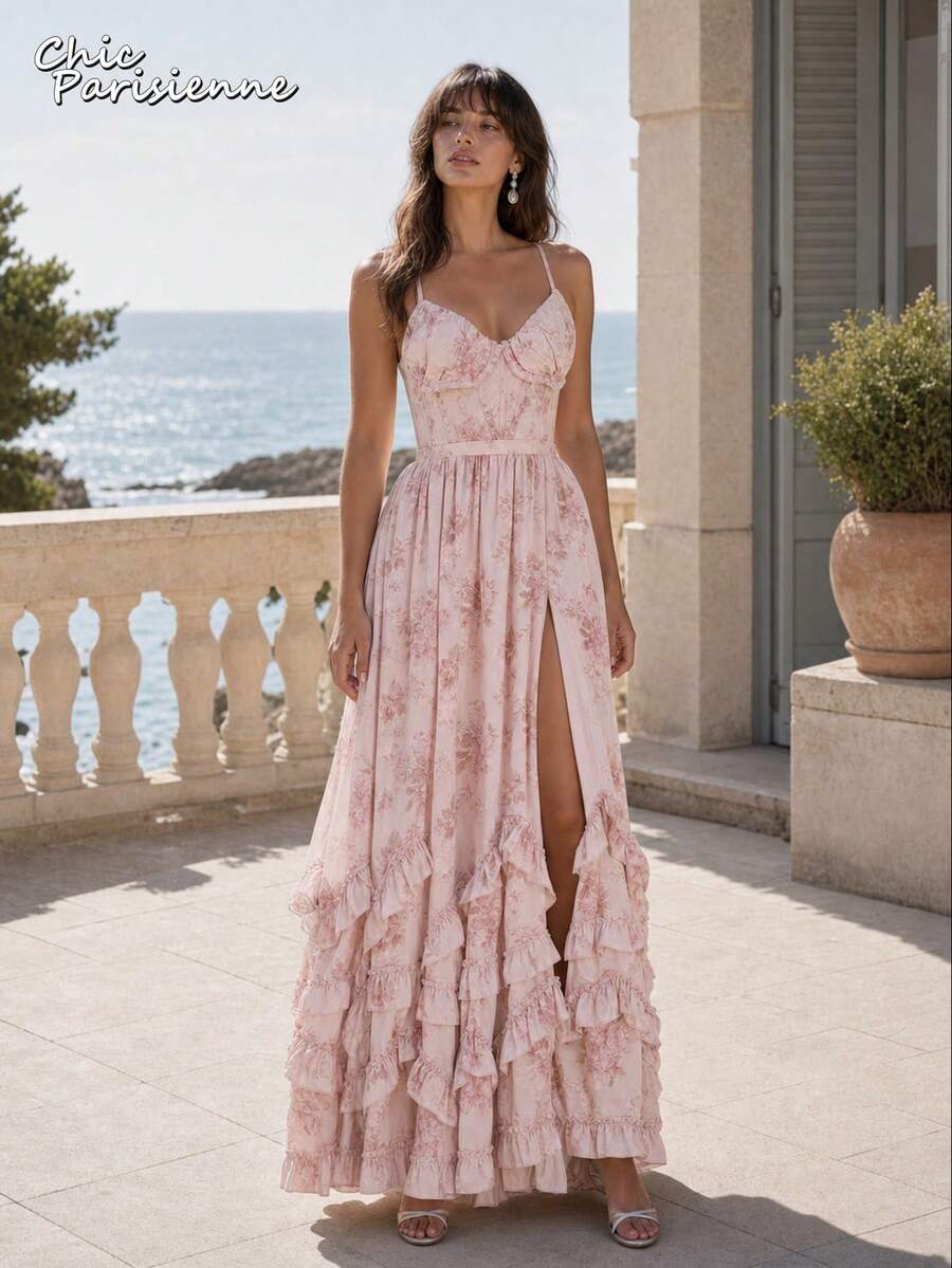 Pink Floral Chiffon V-Neck Backless Tiered A-Line Maxi Dress - 粉色 - 查看 1