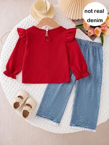 Girls' Casual Fashion Solid Color Bow & Print Flutter Sleeve Long Sleeve Top And Straight Leg Pants 2 Pieces Set, Spring/Autumn - Red - View 2